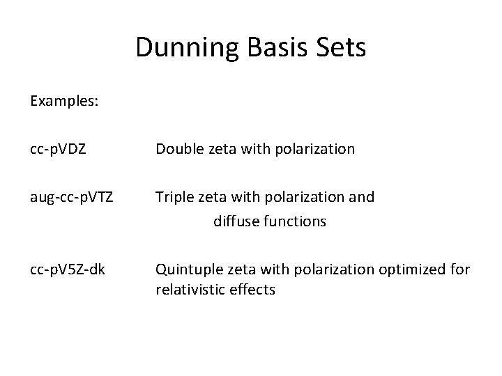 Dunning Basis Sets Examples: cc-p. VDZ Double zeta with polarization aug-cc-p. VTZ Triple zeta Dunning Basis Sets Examples: cc-p. VDZ Double zeta with polarization aug-cc-p. VTZ Triple zeta