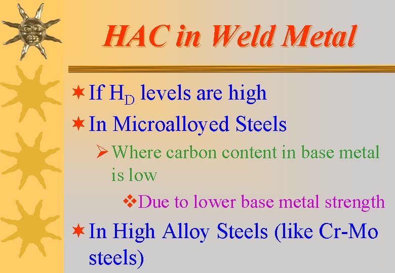 HAC in Weld Metal ¬ If HD levels are high ¬ In Microalloyed Steels HAC in Weld Metal ¬ If HD levels are high ¬ In Microalloyed Steels