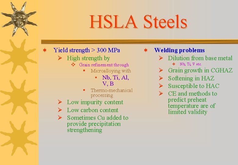 HSLA Steels ¬ Yield strength > 300 MPa Ø High strength by v Grain HSLA Steels ¬ Yield strength > 300 MPa Ø High strength by v Grain