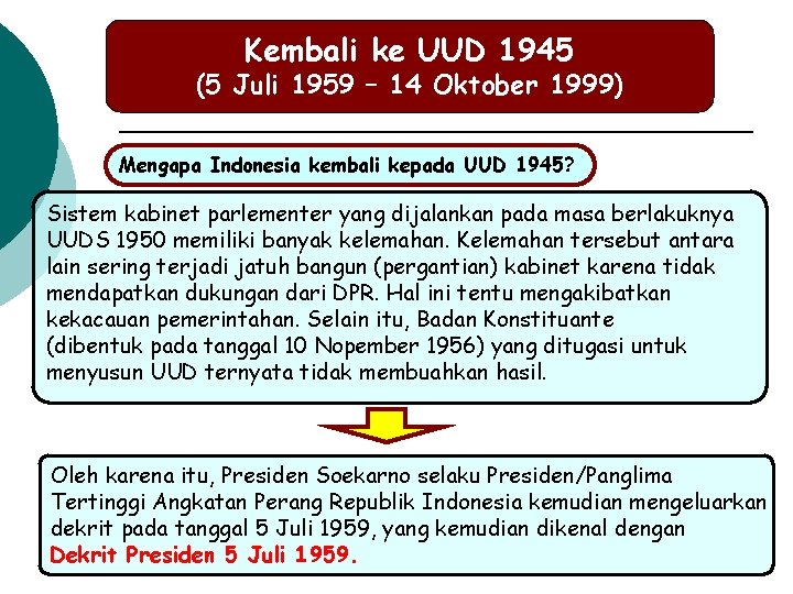 Kembali ke UUD 1945 (5 Juli 1959 – 14 Oktober 1999) Mengapa Indonesia kembali