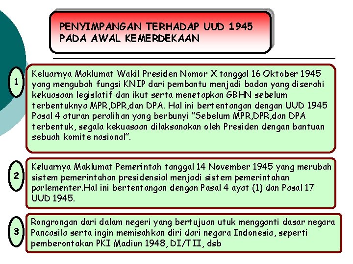 PENYIMPANGAN TERHADAP UUD 1945 PADA AWAL KEMERDEKAAN 1 2 3 Keluarnya Maklumat Wakil Presiden