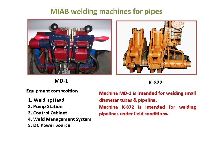  MIAB welding machines for pipes MD-1 Equipment composition 1. Welding Head 2. Pump