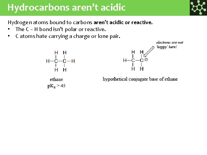 Hydrocarbons aren’t acidic Hydrogen atoms bound to carbons aren’t acidic or reactive. • The