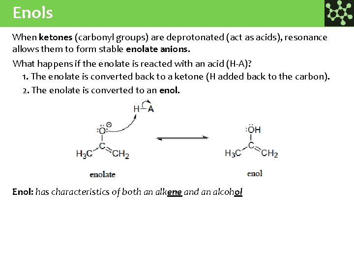 Enols When ketones (carbonyl groups) are deprotonated (act as acids), resonance allows them to