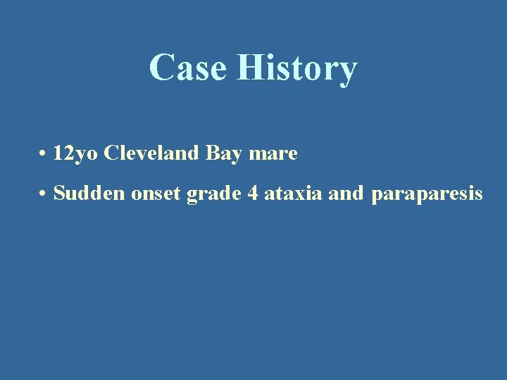 Case History • 12 yo Cleveland Bay mare • Sudden onset grade 4 ataxia