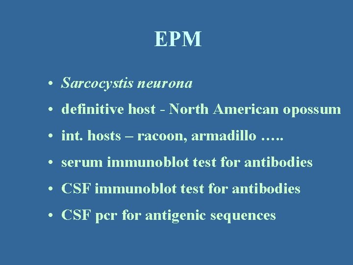 EPM • Sarcocystis neurona • definitive host - North American opossum • int. hosts