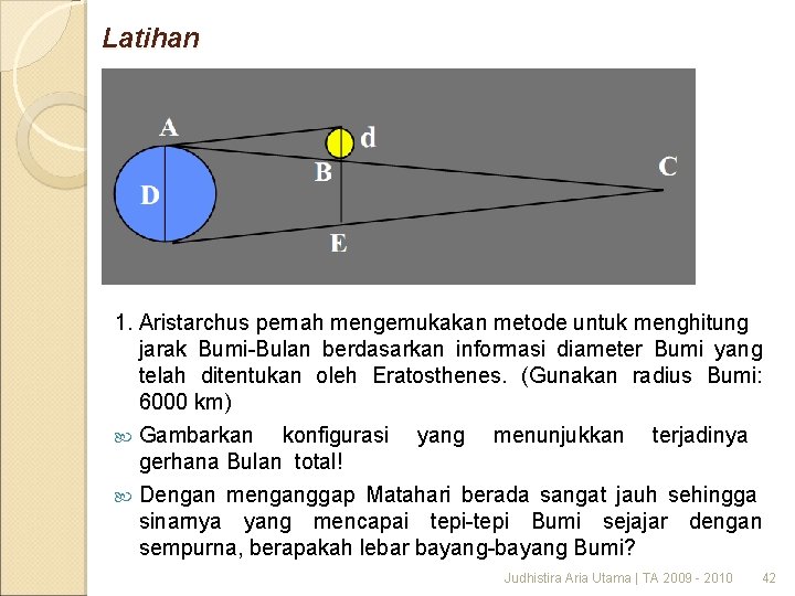 Latihan 1. Aristarchus pernah mengemukakan metode untuk menghitung jarak Bumi-Bulan berdasarkan informasi diameter Bumi