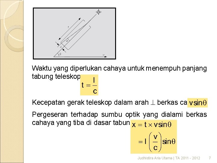 Waktu yang diperlukan cahaya untuk menempuh panjang tabung teleskop: Kecepatan gerak teleskop dalam arah