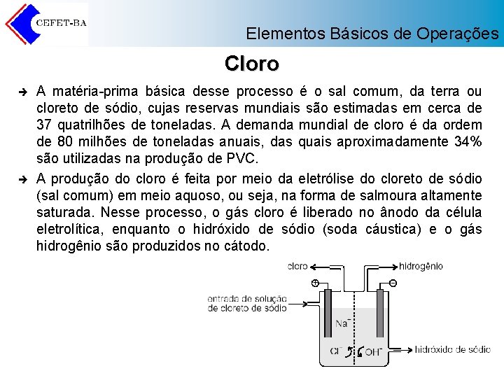 Elementos Básicos de Operações Cloro è è A matéria-prima básica desse processo é o
