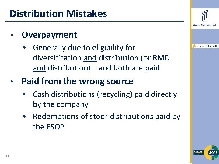 Distribution Mistakes • Overpayment Generally due to eligibility for diversification and distribution (or RMD