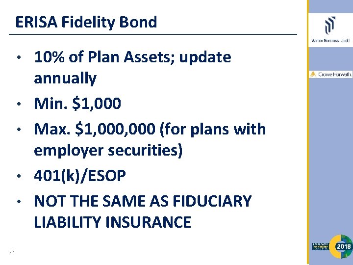 ERISA Fidelity Bond • • • 22 10% of Plan Assets; update annually Min.