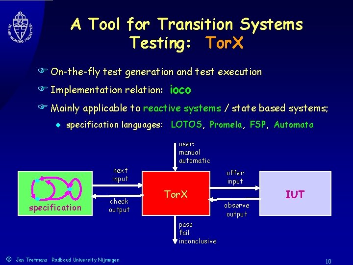 A Tool for Transition Systems Testing: Tor. X F On-the-fly test generation and test