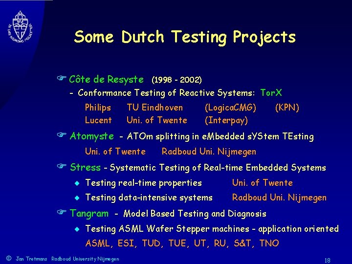Some Dutch Testing Projects F Côte de Resyste (1998 - 2002) - Conformance Testing