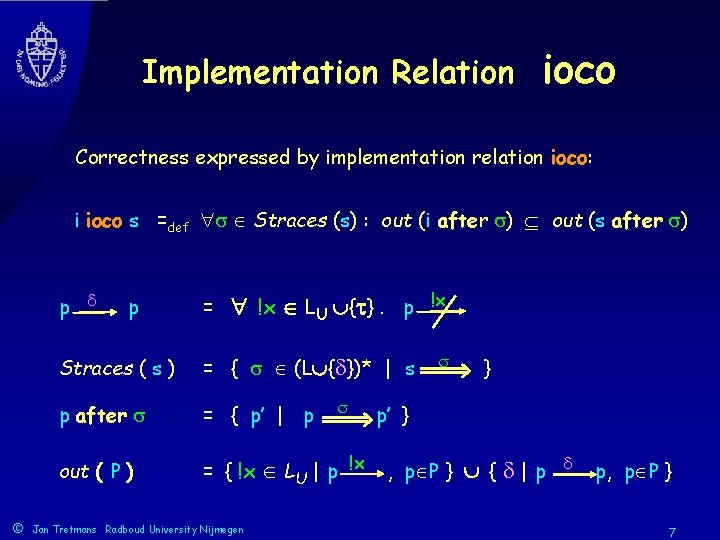 Implementation Relation ioco Correctness expressed by implementation relation ioco: i ioco s =def Straces