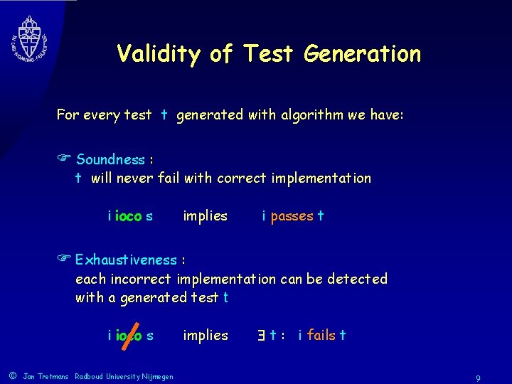 Validity of Test Generation For every test t generated with algorithm we have: F