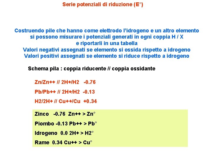 Serie potenziali di riduzione (E°) Costruendo pile che hanno come elettrodo l’idrogeno e un