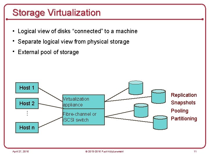 Storage Virtualization • Logical view of disks “connected” to a machine • Separate logical