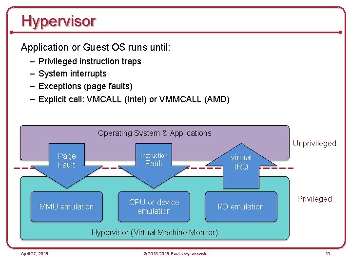 Hypervisor Application or Guest OS runs until: – – Privileged instruction traps System interrupts