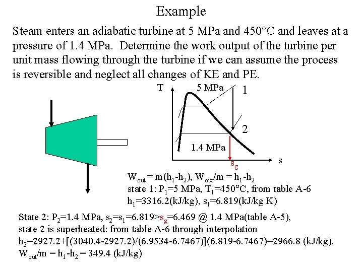 Example Steam enters an adiabatic turbine at 5 MPa and 450 C and leaves