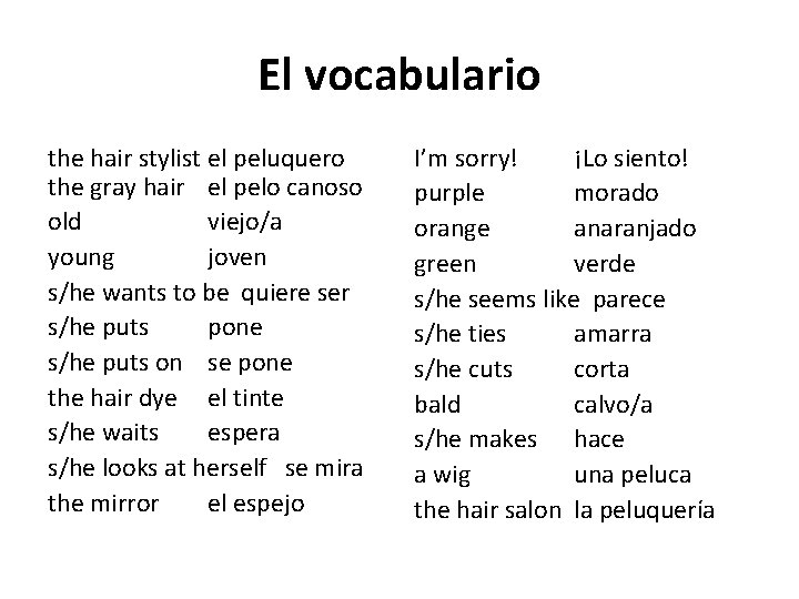 El vocabulario the hair stylist el peluquero the gray hair el pelo canoso old