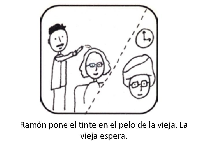 Ramón pone el tinte en el pelo de la vieja. La vieja espera. 