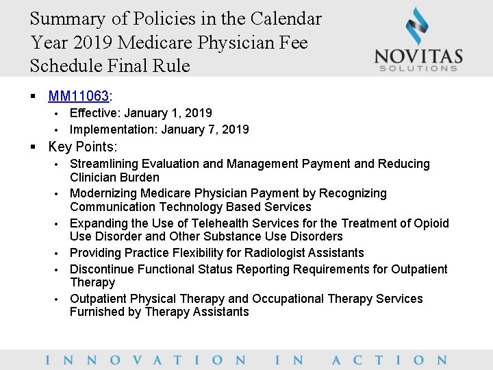 Summary of Policies in the Calendar Year 2019 Medicare Physician Fee Schedule Final Rule