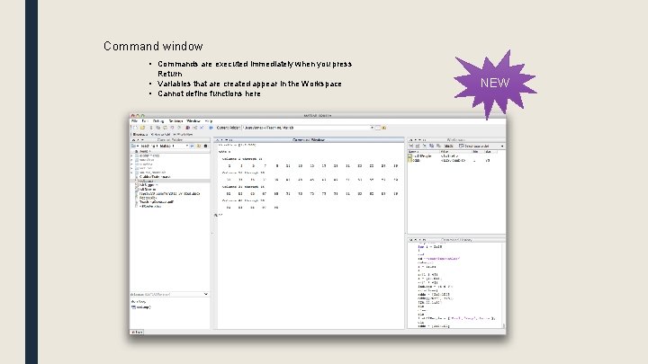 Command window • Commands are executed immediately when you press Return • Variables that