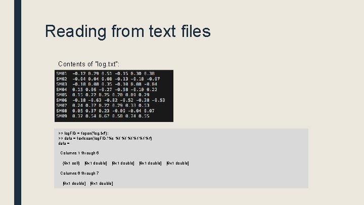 Reading from text files Contents of "log. txt": >> log. FID = fopen('log. txt');