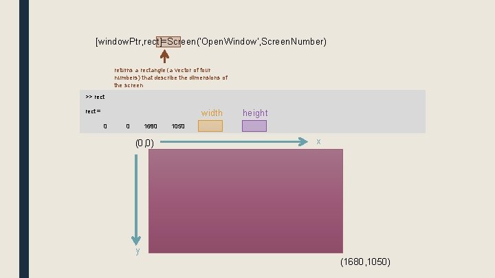 [window. Ptr, rect]=Screen('Open. Window', Screen. Number) returns a rectangle (a vector of four numbers)