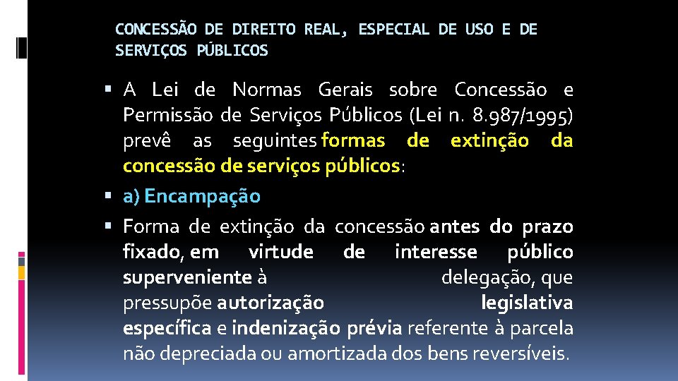 CONCESSÃO DE DIREITO REAL, ESPECIAL DE USO E DE SERVIÇOS PÚBLICOS A Lei de