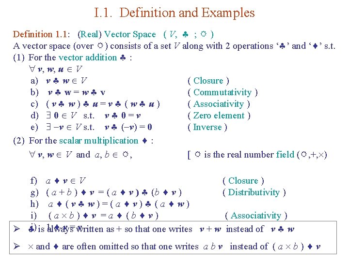 I. 1. Definition and Examples Definition 1. 1: (Real) Vector Space ( V, ;