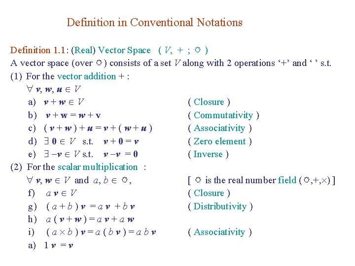 Definition in Conventional Notations Definition 1. 1: (Real) Vector Space ( V, + ;