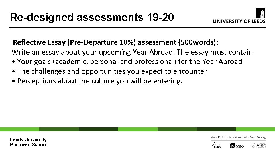 Re-designed assessments 19 -20 Reflective Essay (Pre-Departure 10%) assessment (500 words): Write an essay