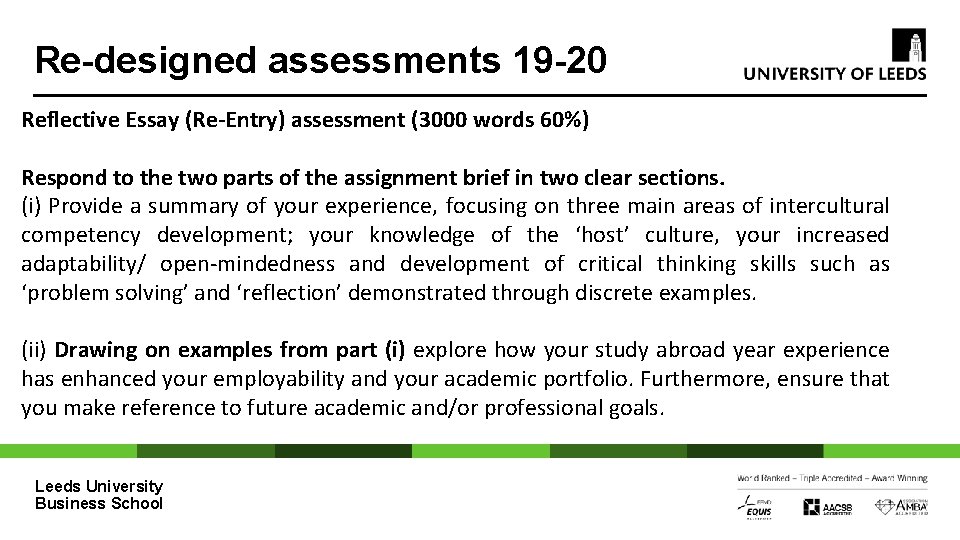 Re-designed assessments 19 -20 Reflective Essay (Re-Entry) assessment (3000 words 60%) Respond to the