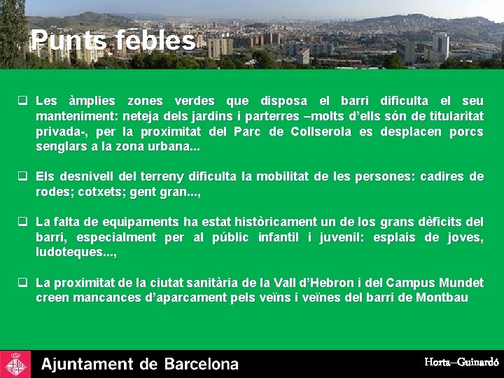 Punts febles q Les àmplies zones verdes que disposa el barri dificulta el seu