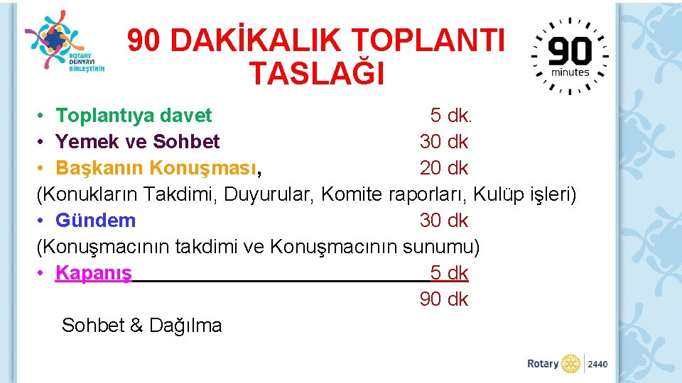 90 DAKİKALIK TOPLANTI TASLAĞI • Toplantıya davet 5 dk. • Yemek ve Sohbet 30