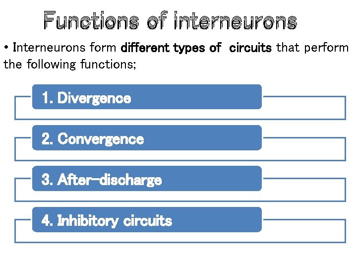 Functions of interneurons • Interneurons form different types of circuits that perform the following