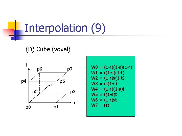 Interpolation (9) (D) Cube (voxel) t p 6 p 4 p 7 p 5 Interpolation (9) (D) Cube (voxel) t p 6 p 4 p 7 p 5