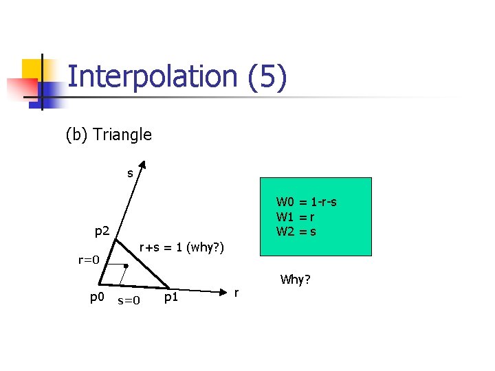 Interpolation (5) (b) Triangle s W 0 = 1 -r-s W 1 = r Interpolation (5) (b) Triangle s W 0 = 1 -r-s W 1 = r