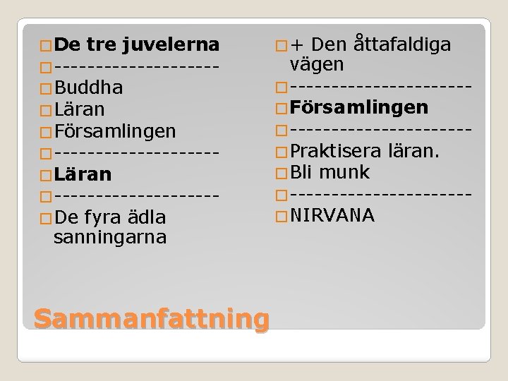 �De tre juvelerna �----------�Buddha �Läran �Församlingen �----------�Läran �----------�De fyra ädla sanningarna Sammanfattning �+ Den