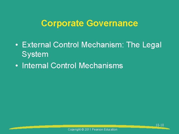 Corporate Governance • External Control Mechanism: The Legal System • Internal Control Mechanisms 18