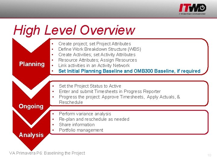 High Level Overview Planning • • • Create project; set Project Attributes Define Work