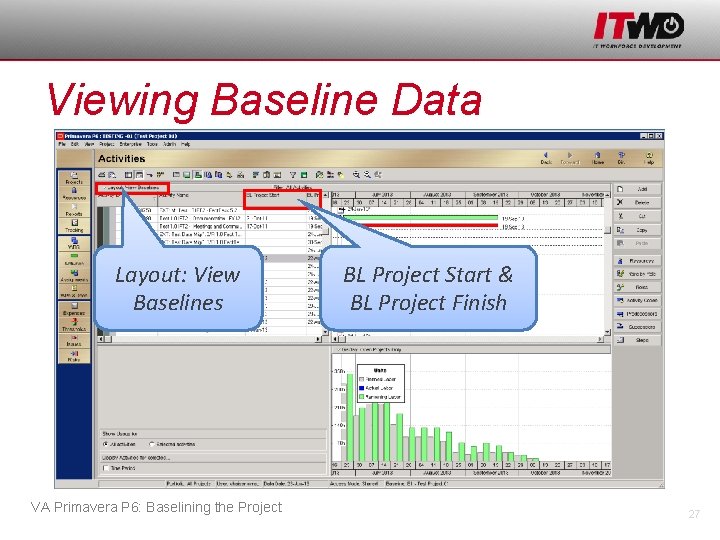 Viewing Baseline Data Layout: View Baselines VA Primavera P 6: Baselining the Project BL