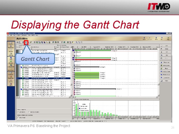 Displaying the Gantt Chart VA Primavera P 6: Baselining the Project 28 