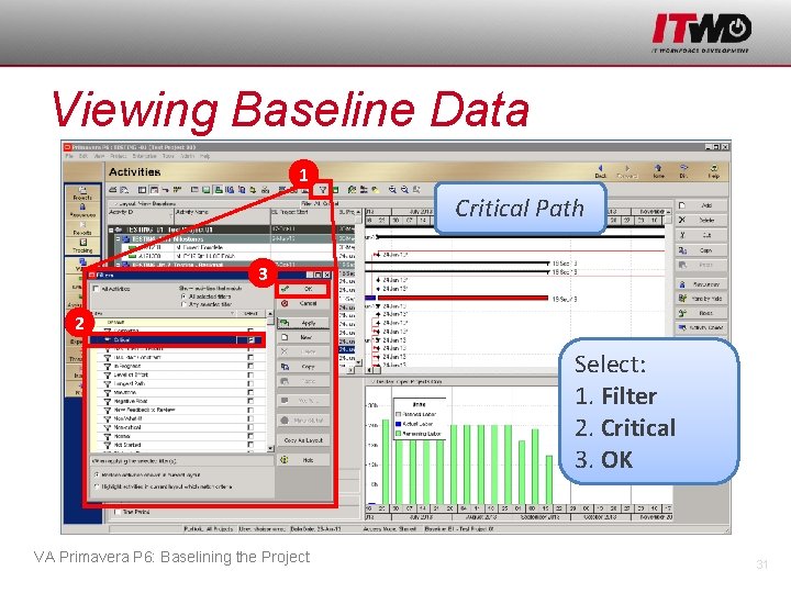 Viewing Baseline Data 1 Critical Path 3 2 Select: 1. Filter 2. Critical 3.