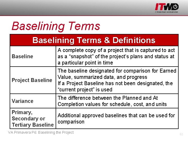 Baselining Terms & Definitions Baseline A complete copy of a project that is captured