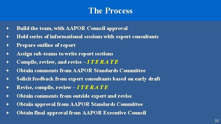 The Process ª ª ª ª Build the team, with AAPOR Council approval Hold