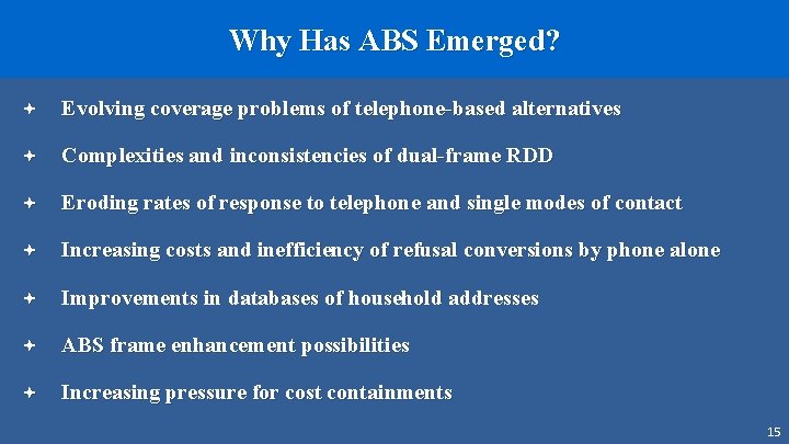 Why Has ABS Emerged? ª Evolving coverage problems of telephone-based alternatives ª Complexities and