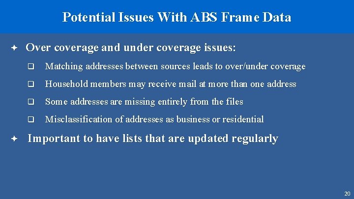 Potential Issues With ABS Frame Data ª ª Over coverage and under coverage issues: