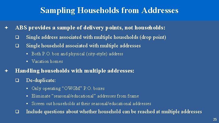 Sampling Households from Addresses ª ABS provides a sample of delivery points, not households: